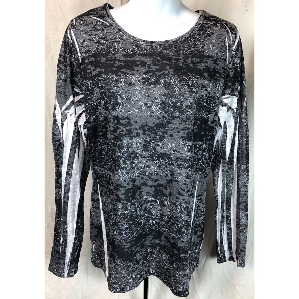 INC Jersey Top L Gray Geometric Scoop Neck Pleated Long Sleeves tee